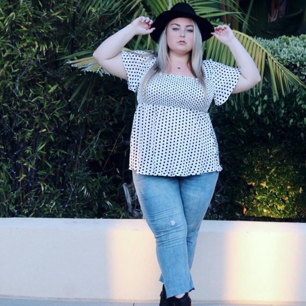 White Polka Dot Ruched Silk Blouse ✨Plus Size✨